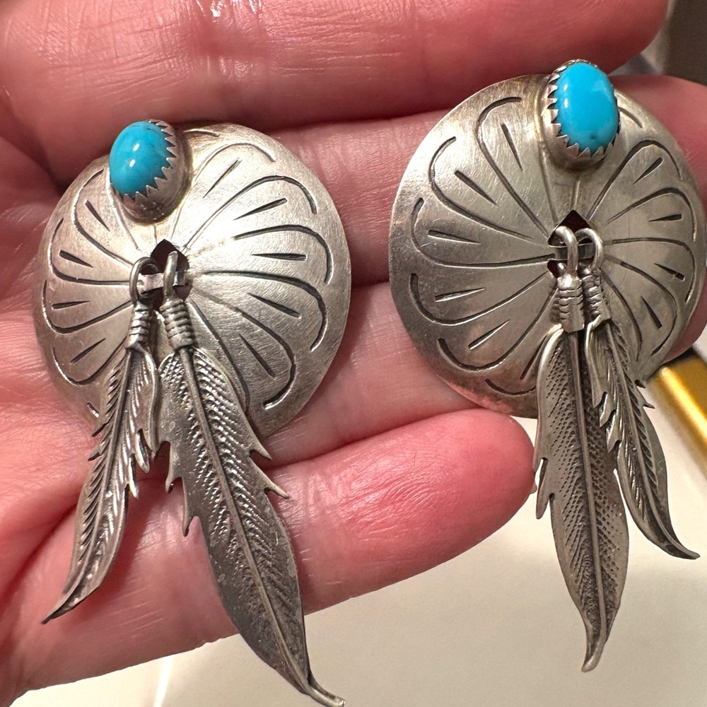 Sterling Silver Navajo and Turquoise Feather Earrings